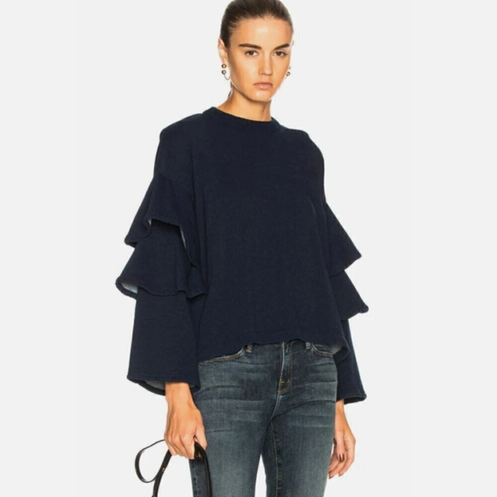 NEW Ag Adriano Goldschmied Navy Blue Ruffle Sleeve Top Cotton (Women's Small)